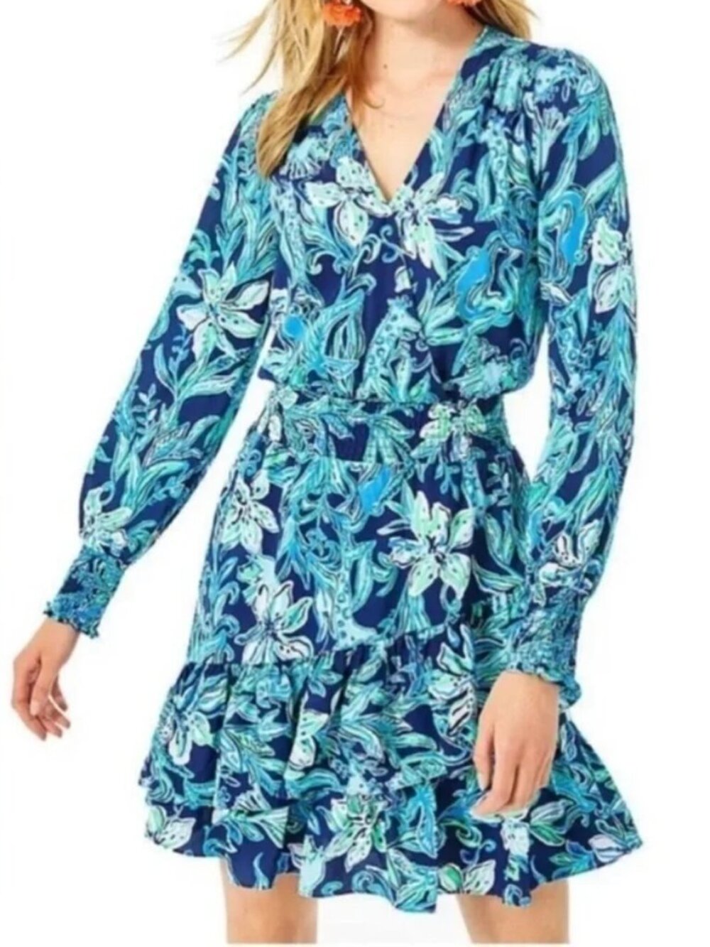 Lilly Pulitzer Christiana Dress 12 High Tide Navy Take it or Leaf it Long Sleeve